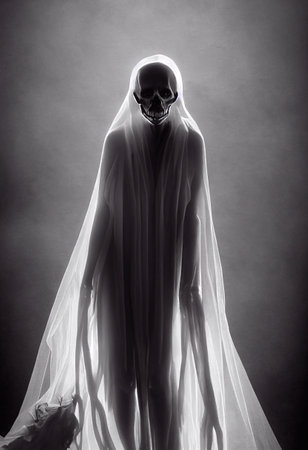 A computer illustration of scary female skeletal spirit figure ghost wearing a white transparent veil against a gloomy misty background. A.I. generated art.の写真素材