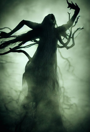A computer illustration of scary sad female banshee spirit figure ghost morphing from a tee like...