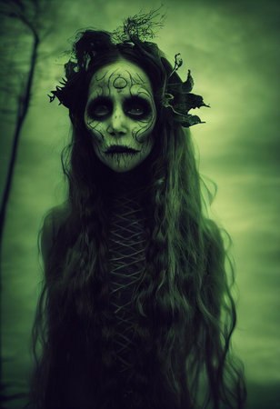 A portrait computer illustration of scary sad female banshee spirit figure ghost against a gloomy misty background. A.I. generated art.の写真素材