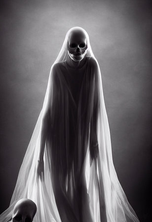 A computer illustration of scary female skeletal spirit figure ghost wearing a white transparent veil against a gloomy misty background. A.I. generated art.の写真素材