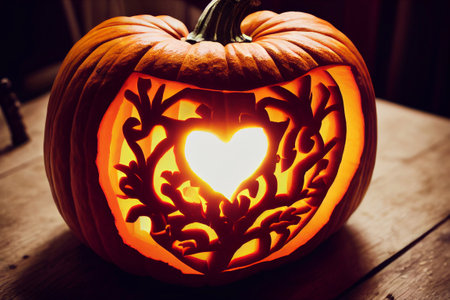 A carved jack oâlantern pumpkin with ornate pattern and heart shaped centre. A.I. generated art.の写真素材