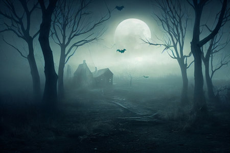 A childlike computer illustration of spooky haunted Halloween scene with scary pumpkins in the lawn and bat like creatures. A.I. generated art.の写真素材