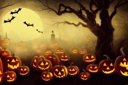 A childlike computer illustration of spooky haunted Halloween scene with scary pumpkins in the lawn and bat like creatures. A.I. generated art.の写真素材