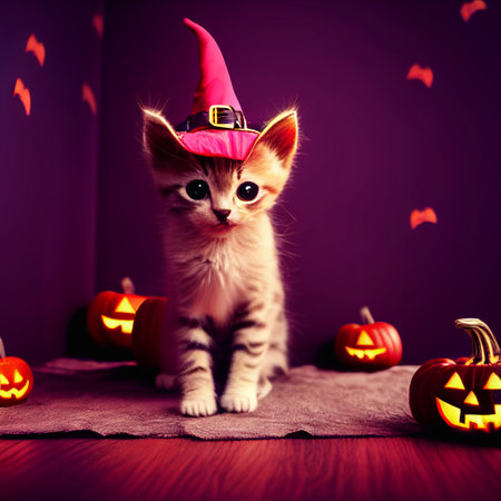 A cute computer generated kitten wearing a witches hat in a halloween setting background. A.I. generated art.の写真素材