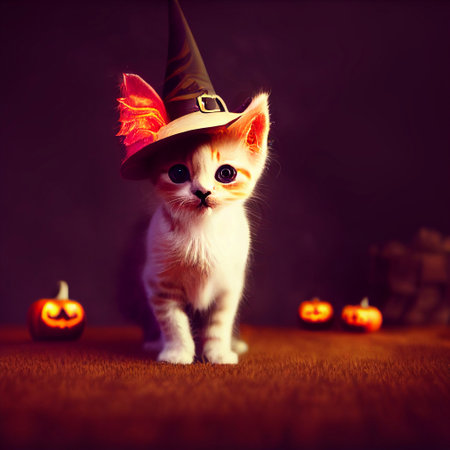 A cute computer generated kitten wearing a witches hat in a halloween setting background. A.I. generated art.の写真素材