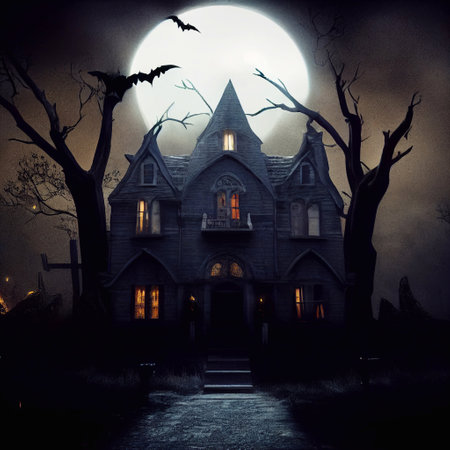 A computer 3D illustration of spooky halloween night haunted house scene with scary pumpkins. A.I. generated art.の写真素材