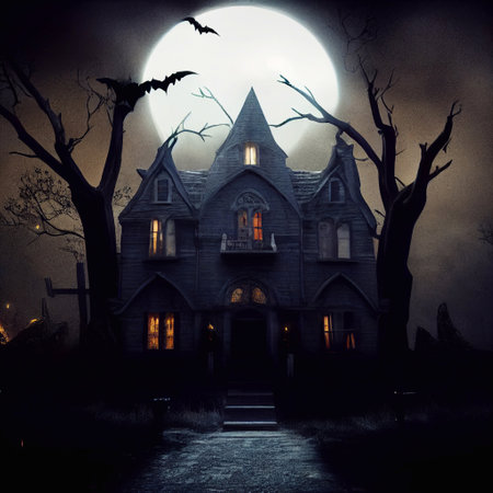 A computer 3D illustration of spooky halloween night haunted house scene with scary pumpkins. A.I. generated art.の素材 [FY310193732444]