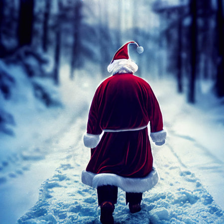 The back of a lone figure dressed as Santa Claus walking away from the camera in a cold wintery snow scene background. A.I. generated art.の写真素材