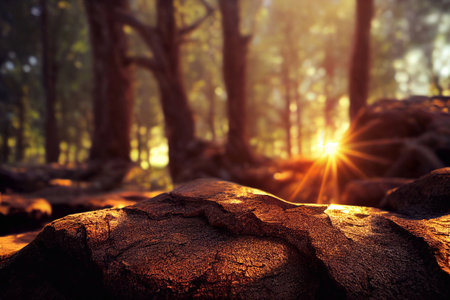 Computer generated illustration of a forest floor in spring with tree trunks in the background, moss and rocks and amber spring sunlight shining through. A.I. generated art.の写真素材
