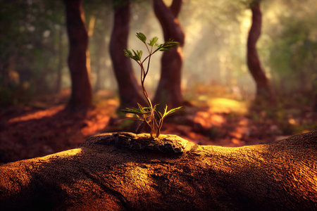 Computer generated illustration of a forest floor in spring with tree trunks in the background, moss and rocks and amber spring sunlight shining through. A.I. generated art.の写真素材