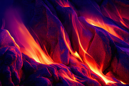 A computer generated fire and ice image depicting flames and ice together in an orange and blue abstract background. A.I. generated art.の写真素材