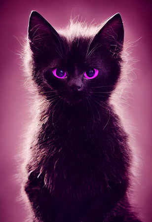 A computer generated illustration of a witches kitten, purple in colour against a pinky purple background with glow rim lighting. A.I. generated art.の写真素材
