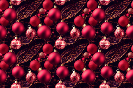 A computer generated 3D illustration of a coloured Christmas baubles repetitive pattern background. A.I. generated art.の写真素材