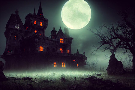A computer 3D illustration of spooky halloween haunted mansion castle scene. A.I. generated art.の写真素材