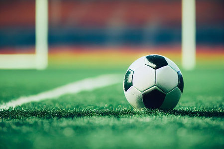 Close up 3D illustration of a football on grass with a stadium background. A.I. generated art.の写真素材
