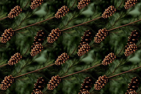 Computer generated 3D illustration seamless pattern tile of brown winter pinecones against green fir tree needle branches background. A.I. generated art.の写真素材