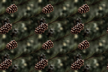 Computer generated 3D illustration seamless pattern tile of brown winter pinecones against green fir tree needle branches background. A.I. generated art.の写真素材