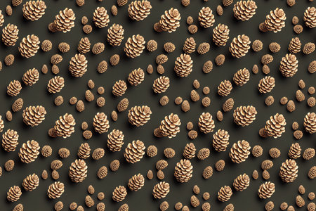 Computer generated 3D illustration seamless pattern tile of brown winter pinecones against a dark background. A.I. generated art.の写真素材