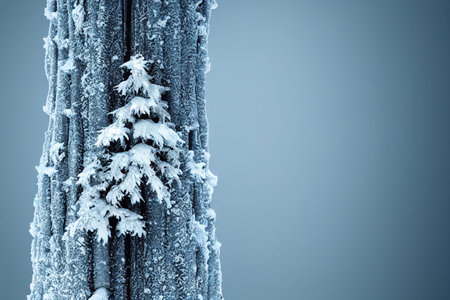 A computer generated 3D illustration render macro close-up of frost on a tree trunk. A.I. generated art.の写真素材