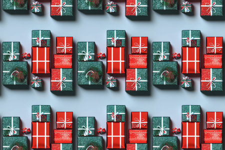 A computer generated 3D illustration render of various sized gift boxes in a line. A.I. generated...