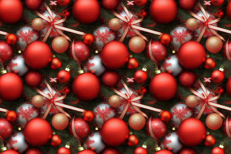 A computer generated 3D illustration render of red and silver Christmas bauble decorations and...