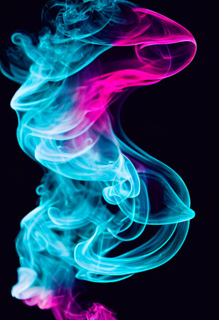 Computer generated dynamic coloured smoke mist effect against a black 3D illustration background. A.I. generated art.の写真素材