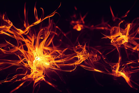 Computer generated 3D illustration of yellow and orange fire flames against a black background. A.I....