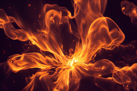 Computer generated 3D illustration of yellow and orange fire flames against a black background. A.I. generated art.の写真素材