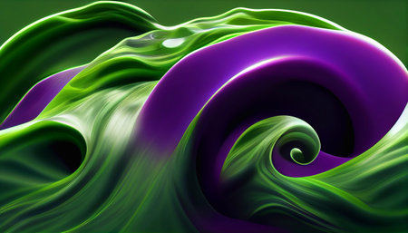 Computer generated green and purple Halloween swirl abstract 3D illustration background. A.I....