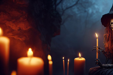 Computer generated 3D illustration of a Halloween witch figure with skeletal features surrounded by candles against a dark gloomy background. A.I. generated art.の写真素材