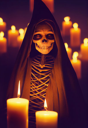 Computer generated 3D illustration of a Halloween witch figure with skeletal features surrounded by candles against a dark gloomy background. A.I. generated art.の写真素材