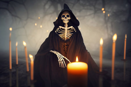 Computer generated 3D illustration of a Halloween witch figure with skeletal features surrounded by candles against a dark gloomy background. A.I. generated art.の写真素材