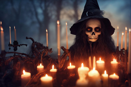 Computer generated 3D illustration of a Halloween witch figure with skeletal features surrounded by candles against a dark gloomy background. A.I. generated art.の写真素材