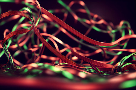 Computer generated dark green and red Christmas metallic ribbon abstract 3D illustration background. A.I. generated art.の写真素材