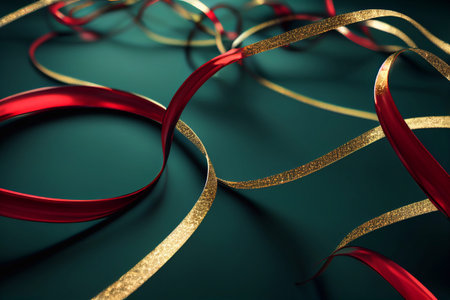 Computer generated dark green and red Christmas metallic ribbon abstract 3D illustration background....