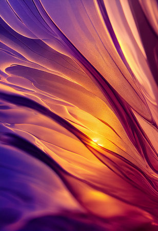 Computer generated macro abstract 3D illustration of a sunset light shining on the ocean surface. A.I. generated art.の写真素材