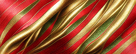 Computer generated abstract 3D illustration of Christmas coloured ribbon background in red, green and gold. A.I. generated art.の写真素材