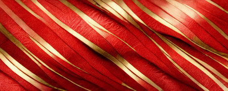 Computer generated abstract 3D illustration of vintage retro Christmas coloured ribbon background in red and gold waves. A.I. generated art.の写真素材