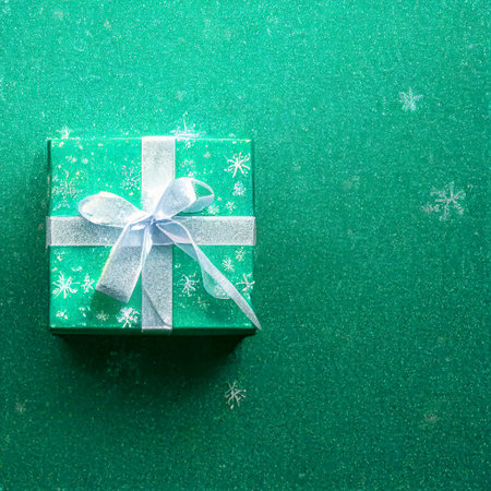 A computer generated illustration of a teal green blue square gift box wrapped in red paper with a white ribbon bow against a teal snow background. A.I. generated art.の写真素材