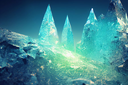 Computer generated illustration of blue teal coloured ice crystals close up detailed background. A.I. generated art.の写真素材