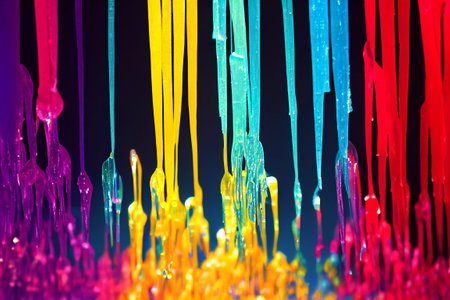 A computer generated illustration of vibrant multi coloured glass ice hanging dripping icicle structures. A.I. generated art.の写真素材