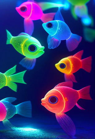 A computer generated illustration of various coloured fish in a vibrant UV bioluminescent colour style against a dark blue background. A.I. generated art.の素材