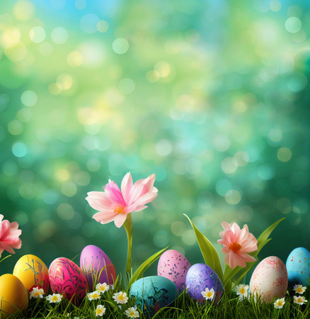 Easter eggs with flowers and grass on green bokeh backgroundの写真素材