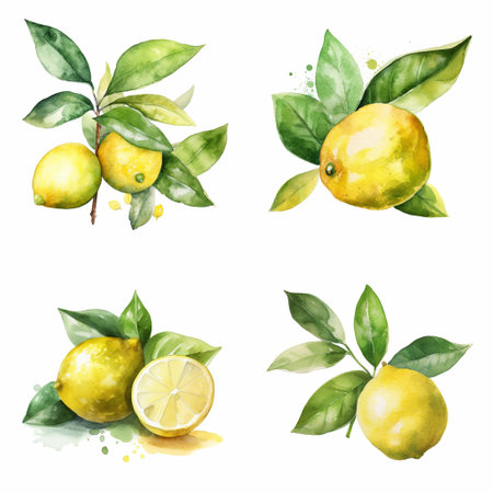 Watercolour lemons on white background, AI generated art.の素材