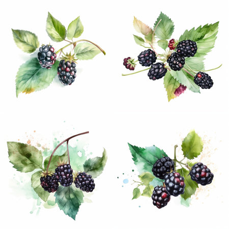 Watercolour blackberries on white background, AI generated art.の素材