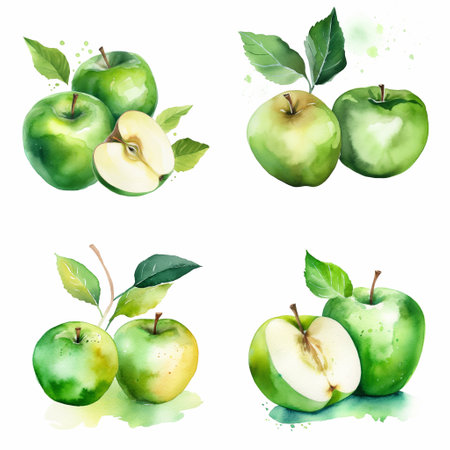 Watercolour green apples on white background, AI generated art.の素材