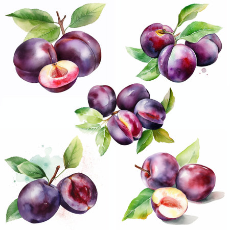 Watercolour plums on white background, AI generated art.の素材