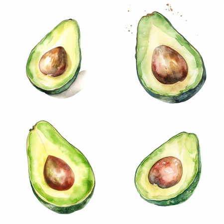 Watercolour avocados on white background, AI generated art.の素材