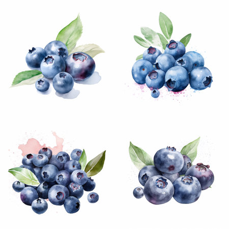Watercolour blueberries on white background, AI generated art.の素材