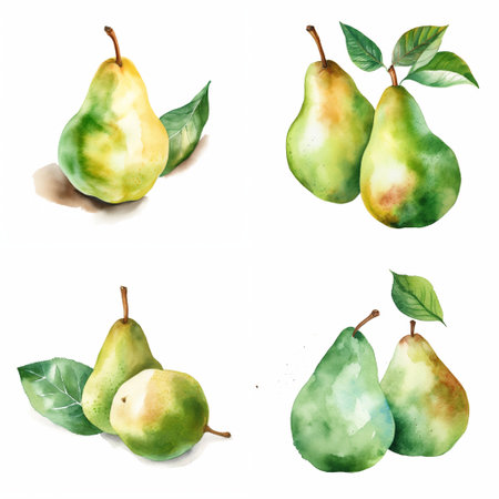 Watercolour pears on white background, AI generated art.の素材